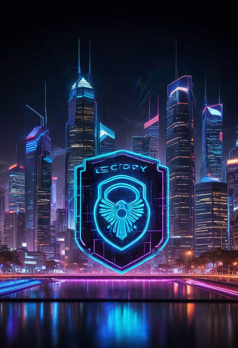 A futuristic city skyline with neon-lit skyscrapers representing financial institutions, a glowing secure padlock icon in the foreground, and interconnected digital transactions flowing through the air symbolized by luminescent lines. In the center, ECPay's logo, radiant and prominent. cyberpunk. vibrant colors. high-tech aesthetics.