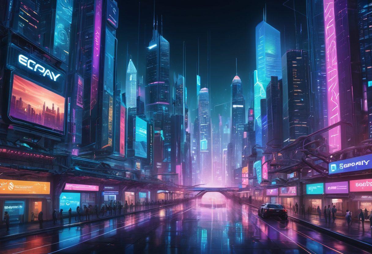 A futuristic city scape integrated with digital financial symbols, showcasing a sleek, web-like network connecting diverse payment gateways. Highlight advanced AI-driven financial transactions with holographic interfaces, surrounded by vibrant data streams. ECPay's iconic logo featured prominently. cyberpunk style. vibrant colors.