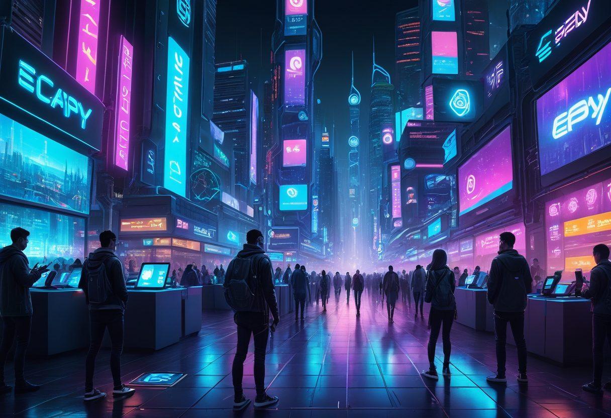 A futuristic cityscape filled with digital payment icons and holographic currency symbols, glowing in neon lights. A diverse group of people enthusiastically using devices such as smartphones and tablets to make transactions in a bustling virtual marketplace. High-tech ecommerce platforms and ECPay logos prominently displayed. vibrant colors. cyberpunk. 3D.